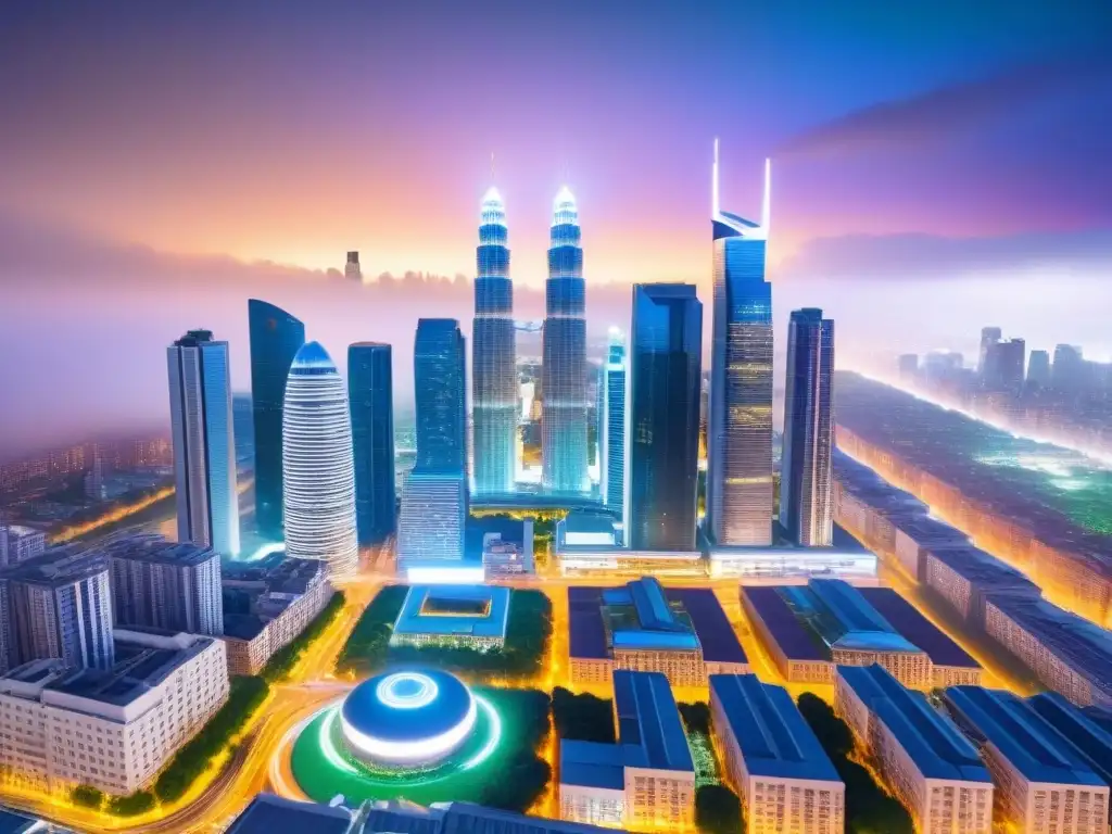 Skyline futurista: impacto del gobierno en el paisaje urbano Vibrante ciudad con rascacielos y edificios futuristas influenciados por políticas gubernamentales inversión inmobiliaria
