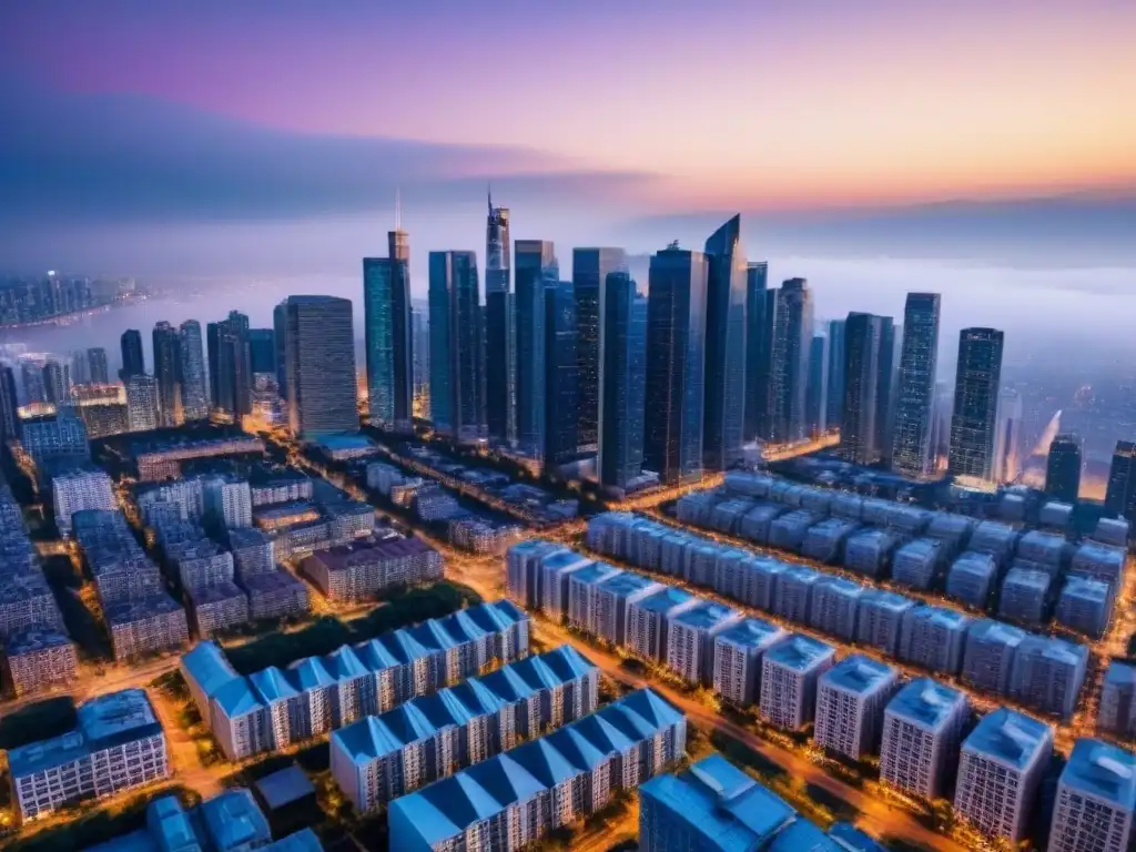 Espectacular vista aérea de ciudad moderna: mercado inmobiliario vibrante Vibrante ciudad con rascacielos y edificios residenciales, reflejo del mercado inmobiliario
