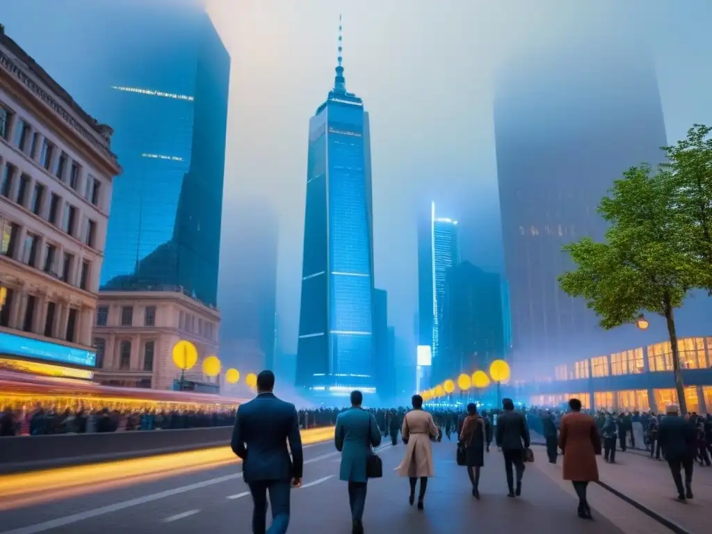 Vida urbana en crecimiento: diversidad y modernidad al atardecer Vibrante ciudad al anochecer con rascacielos y edificios históricos iluminados