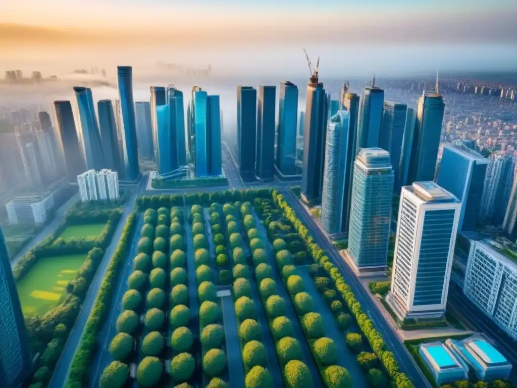 Metrópolis moderna: arquitectura y naturaleza en perfecta armonía Vibrante ciudad con rascacielos y espacios verdes bajo un cielo azul