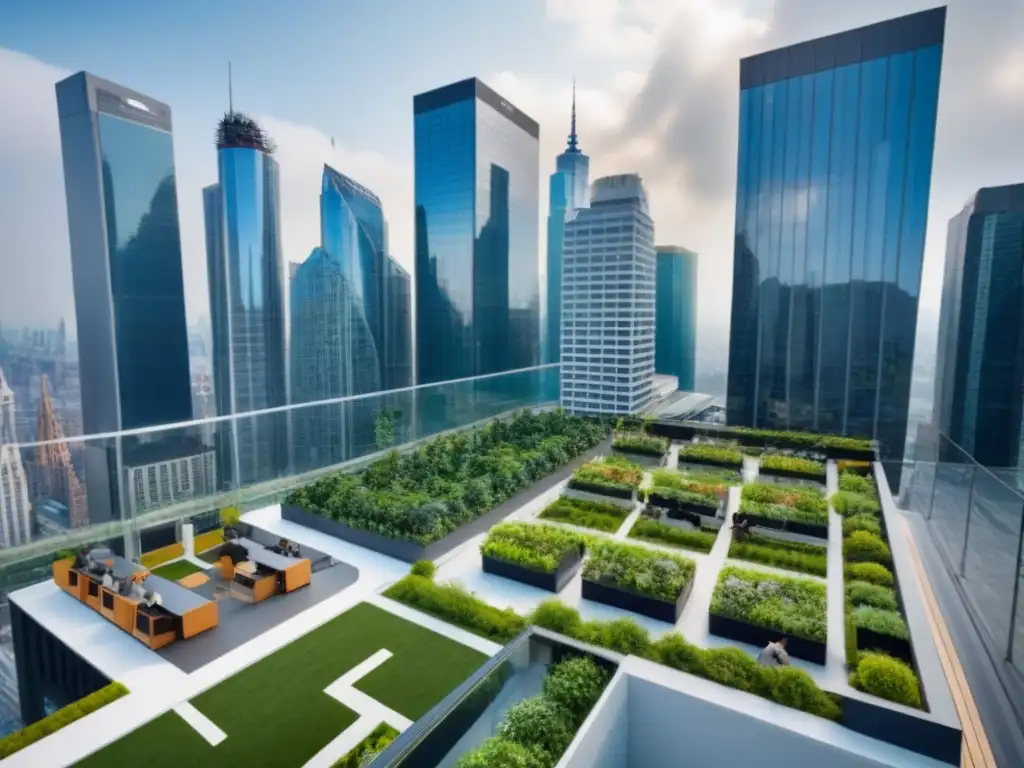 Coworking en Ciudad Moderna con Jardines en Azoteas Una vibrante ciudad con rascacielos, espacios de coworking y jardines en azoteas, ideal para el éxito internacional
