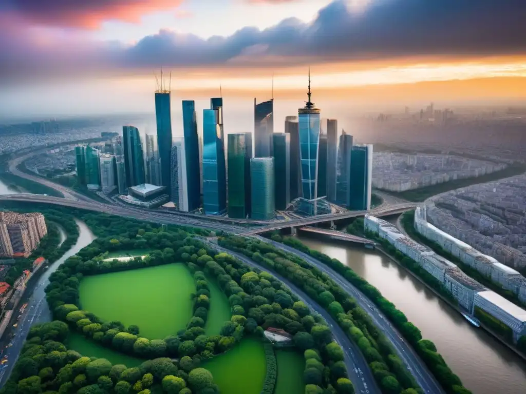Metrópolis moderna: arquitectura y naturaleza en armonía Vibrante ciudad con rascacielos y espacios verdes, reflejando el crecimiento del mercado inmobiliario internacional análisis