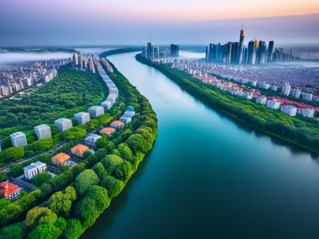 Horizonte urbano: diversidad arquitectónica en la ciudad Vibrante ciudad con rascacielos, vegetación exuberante y río serpenteante