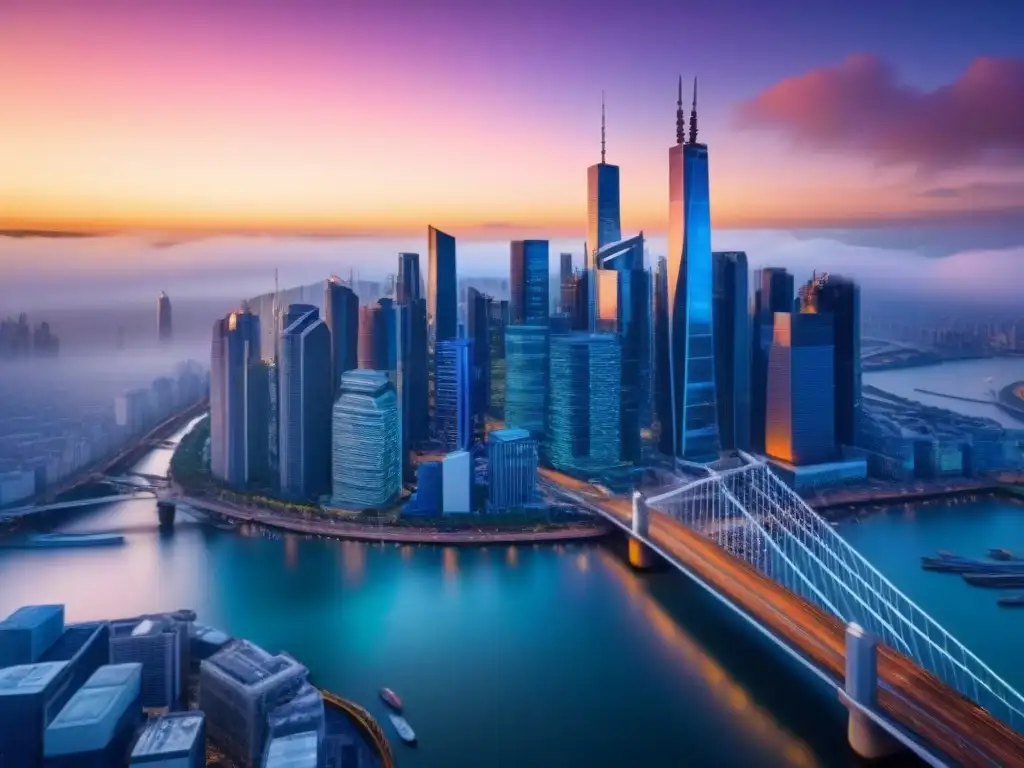 Metrópolis futurista: Real Estate global en atardecer dinámico Vibrante ciudad de rascacielos fusiones inmobiliarias mercado internacional al atardecer