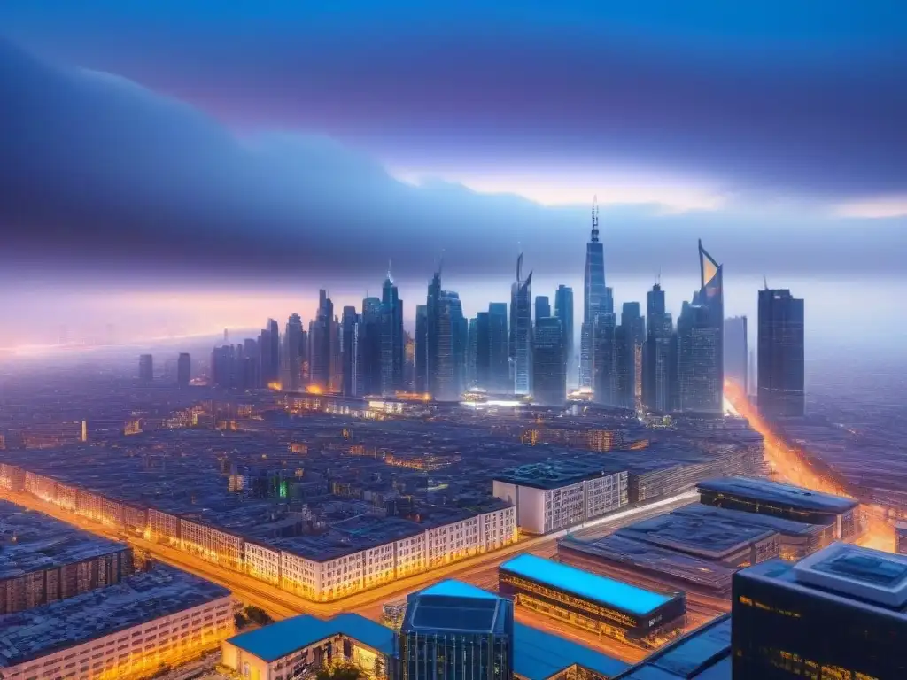 Metrópolis futurista en 8k: desarrollo urbano avanzado Vibrante ciudad con rascacielos futuristas y sistemas de transporte avanzados, reflejando crecimiento en mercados inmobiliarios emergentes