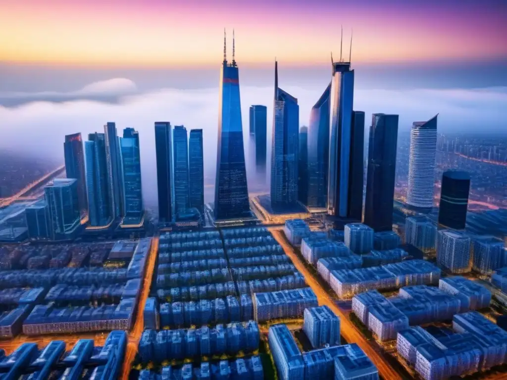 Metrópolis futurista: vibrante mercado inmobiliario en economía emergente Vibrante ciudad con rascacielos futuristas, ideal para estrategias de inversión mercado inmobiliario
