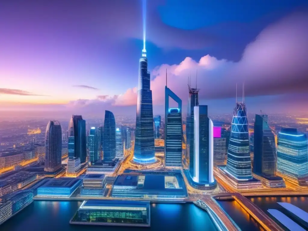Horizonte urbano futurista: innovación en seguros comerciales 2023 Vibrante ciudad al anochecer con rascacielos futuristas iluminados, reflejando el seguro propiedad comercial internacional 2023