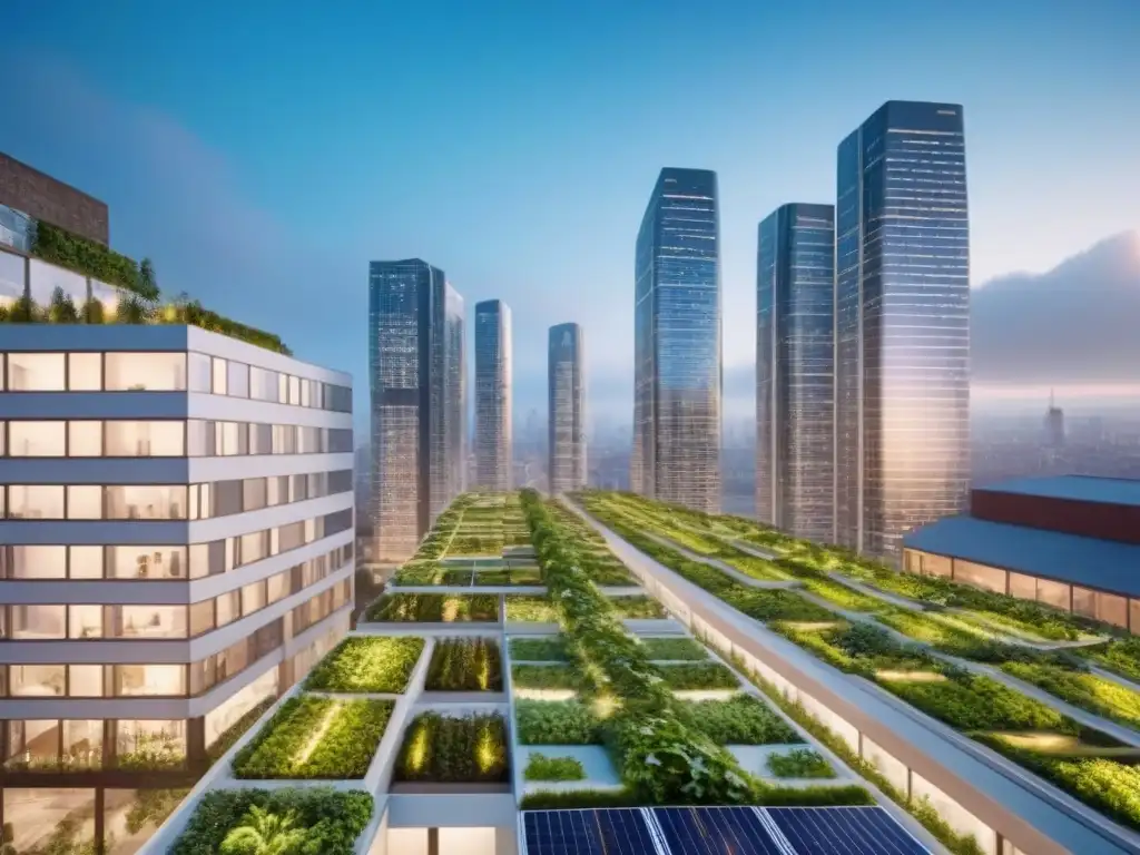 Urbanismo sostenible: Futuro Verde en la Ciudad Vibrante ciudad al anochecer con rascacielos futuristas y diseño de arquitectura verde, iluminados con luces eficientes