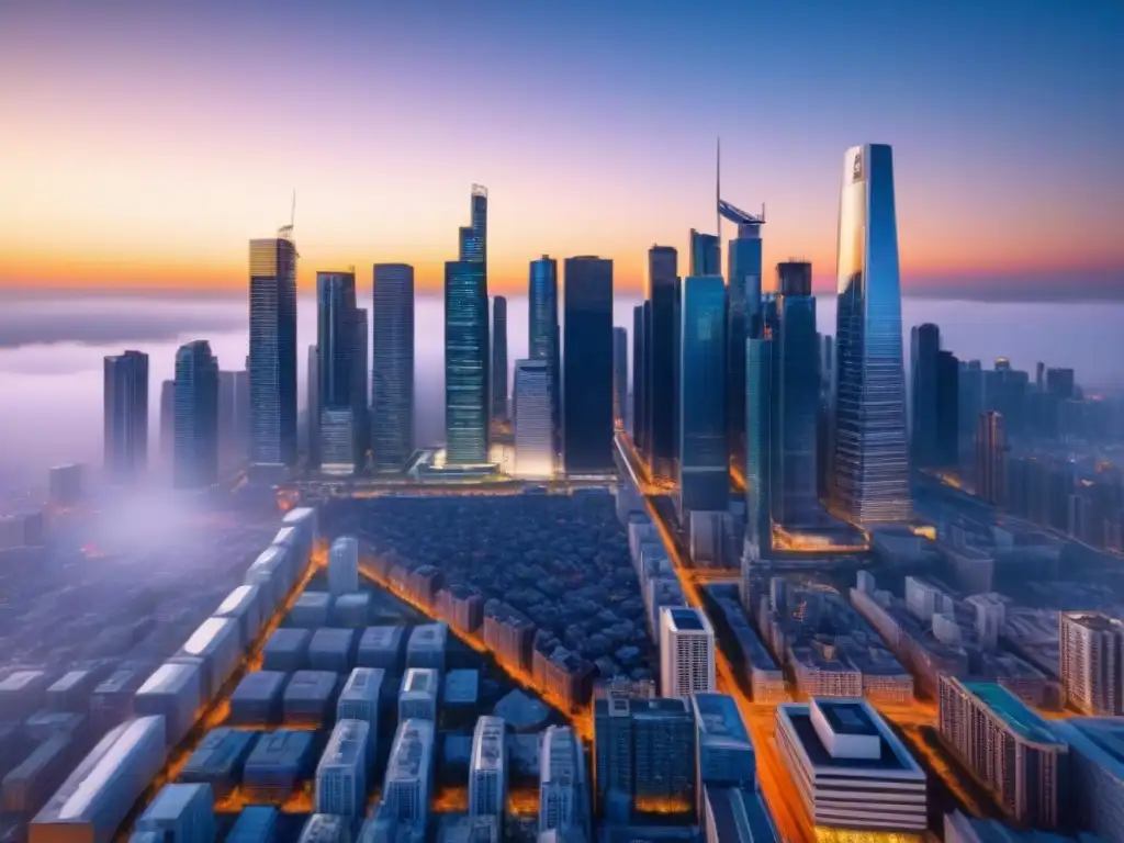 Skyline futurista: profesionales activos en economía inmobiliaria Vibrante ciudad con rascacielos futuristas y profesionales discutiendo, reflejando el efecto de políticas estímulo mercado inmobiliario