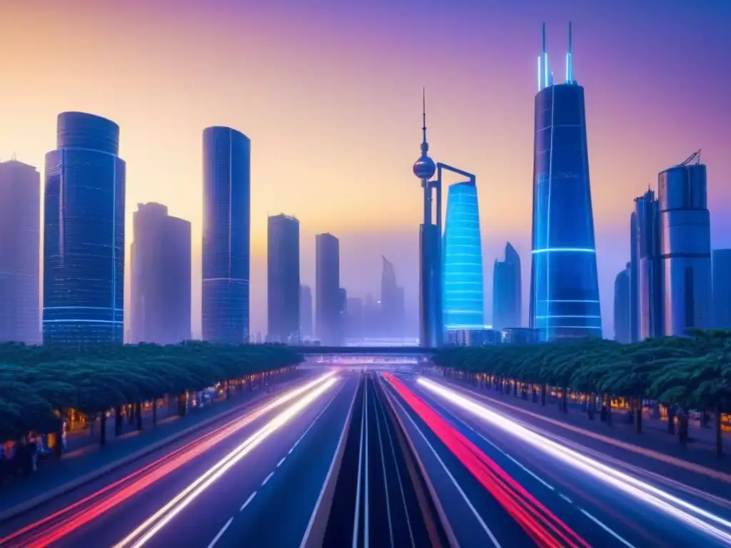 Metrópolis futurista: rascacielos y tecnología de vanguardia Vibrante ciudad al anochecer con rascacielos futuristas iluminados por luces de neón, reflejando los Mercados inmobiliarios PropTech emergentes