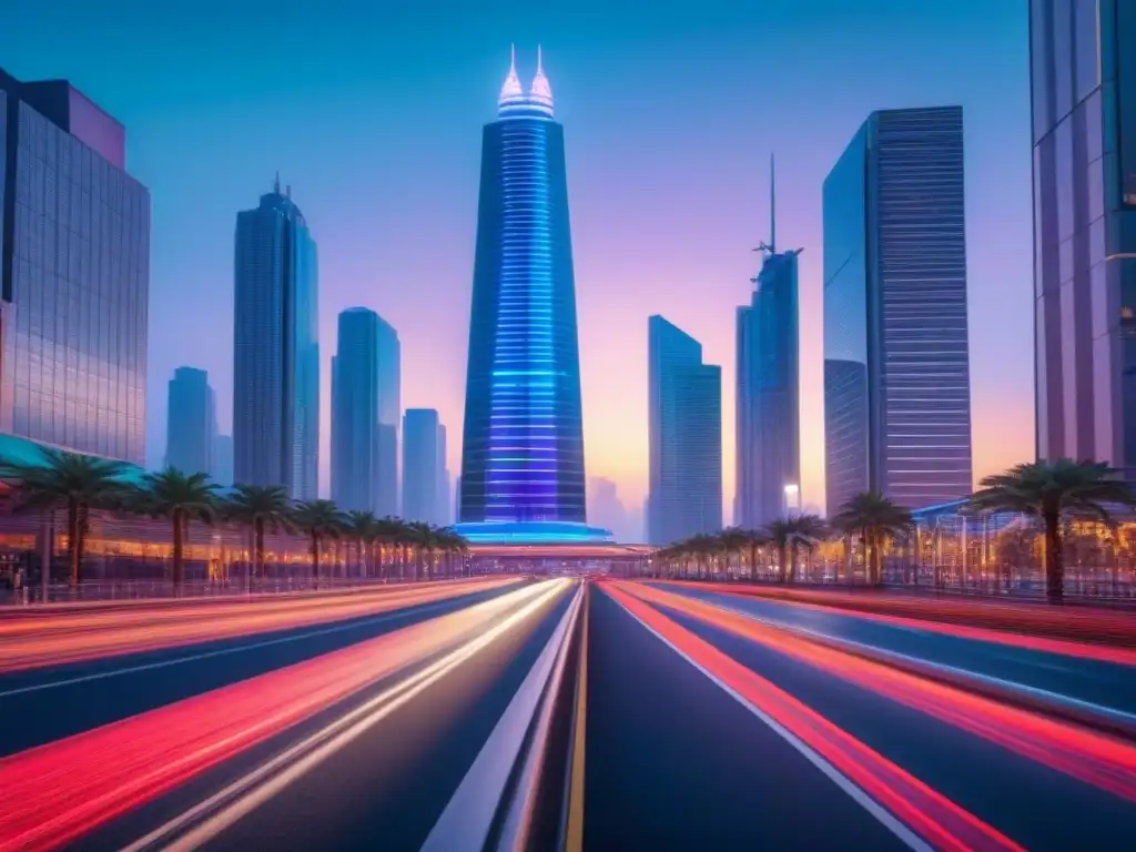 Horizonte urbano futurista con luces neón en mercado emergente Vibrante ciudad al anochecer con rascacielos futuristas iluminados por luces neón, fusionando arquitectura moderna y tecnología avanzada en un mercado emergente, destacando el PropTech en mercados inmobiliarios emergentes