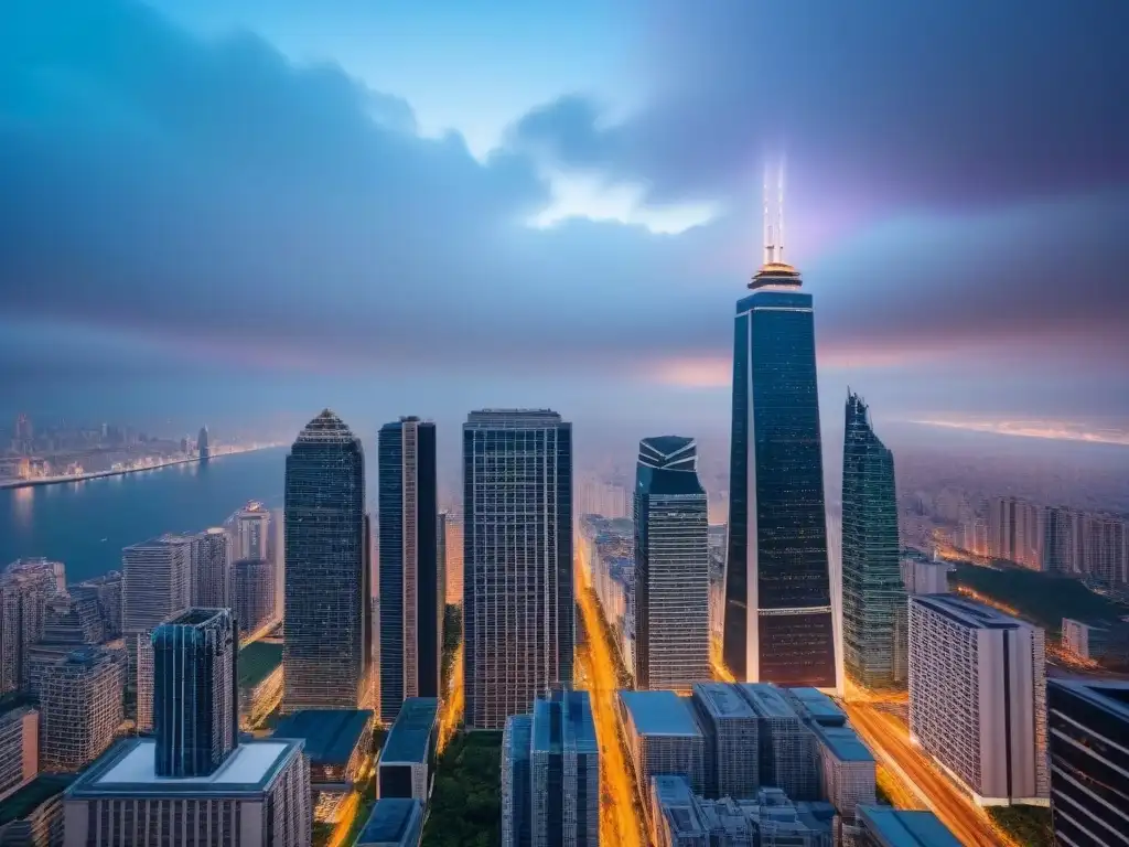 Cityscape futurista en mercado inmobiliario emergente con PropTech Vibrante ciudad con rascacielos futuristas y tecnología PropTech en mercados inmobiliarios emergentes