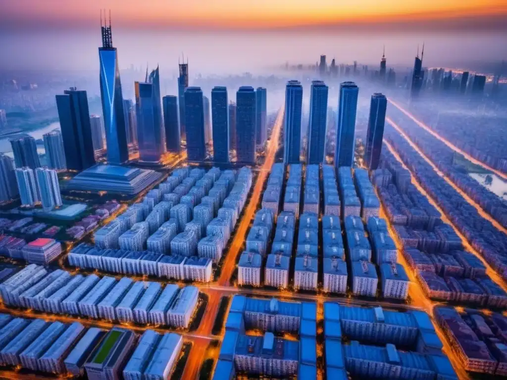 Metrópolis futurista: real estate global en crecimiento Vibrante ciudad con rascacielos futuristas y barrios conectados