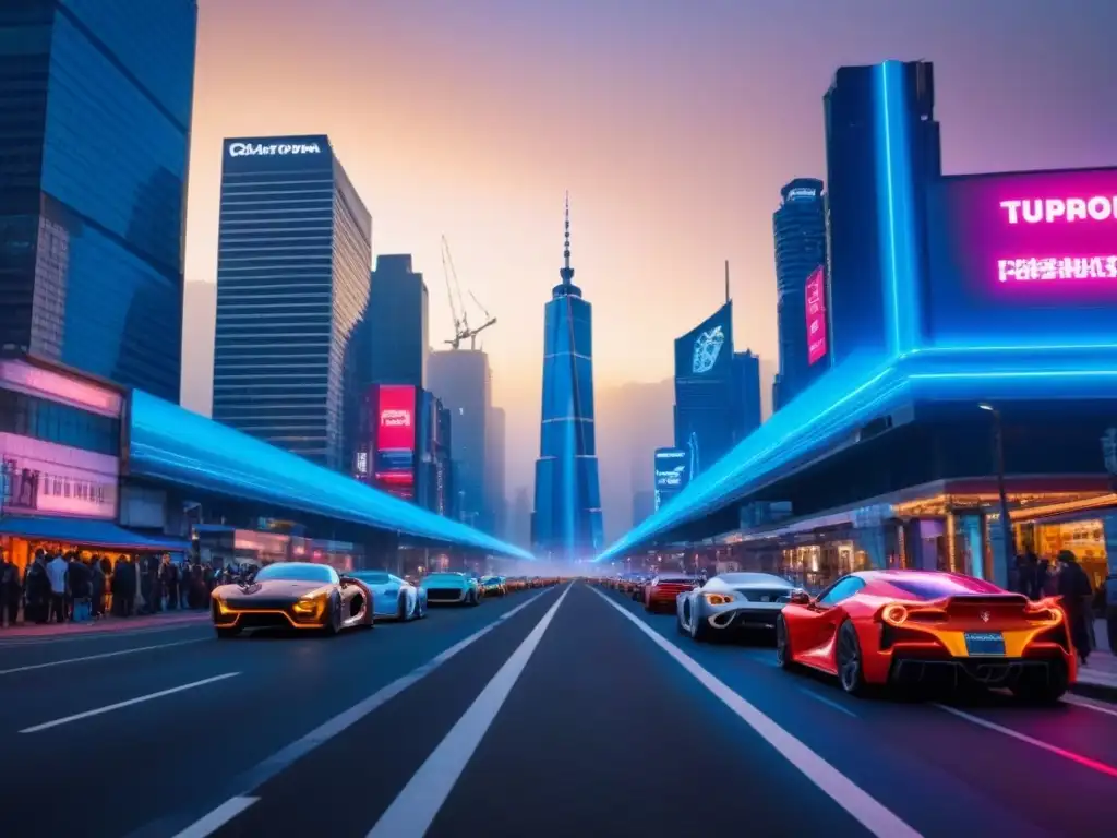Horizonte urbano futurista al anochecer Vibrante ciudad al anochecer con rascacielos futuristas iluminados por luces neón, reflejando oportunidades de inversión inmobiliaria internacional