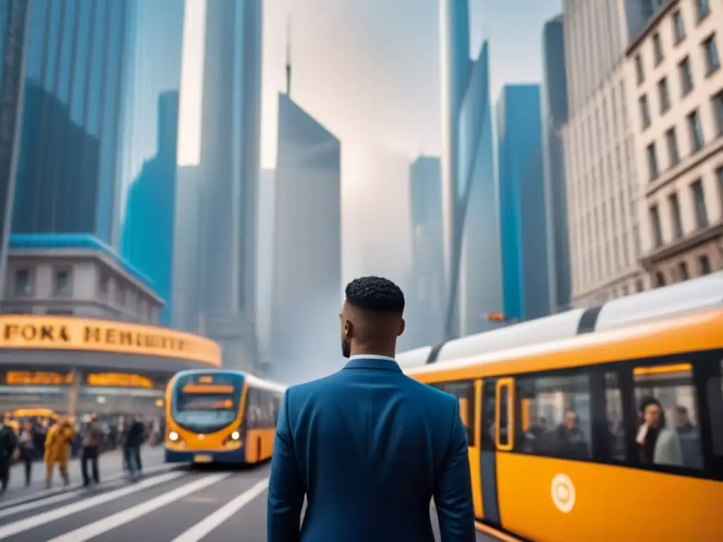 Metrópolis diversa: rascacielos, calles y transporte moderno Vibrante ciudad con rascacielos, gente diversa y moderno transporte, simbolizando la inversión inmobiliaria internacional diversificada