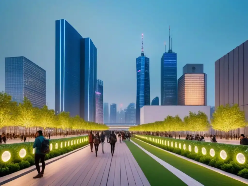 Metrópolis sostenible: luces LED, parques verdes y edificios eco Vibrante ciudad al anochecer con rascacielos iluminados y parque urbano sostenible