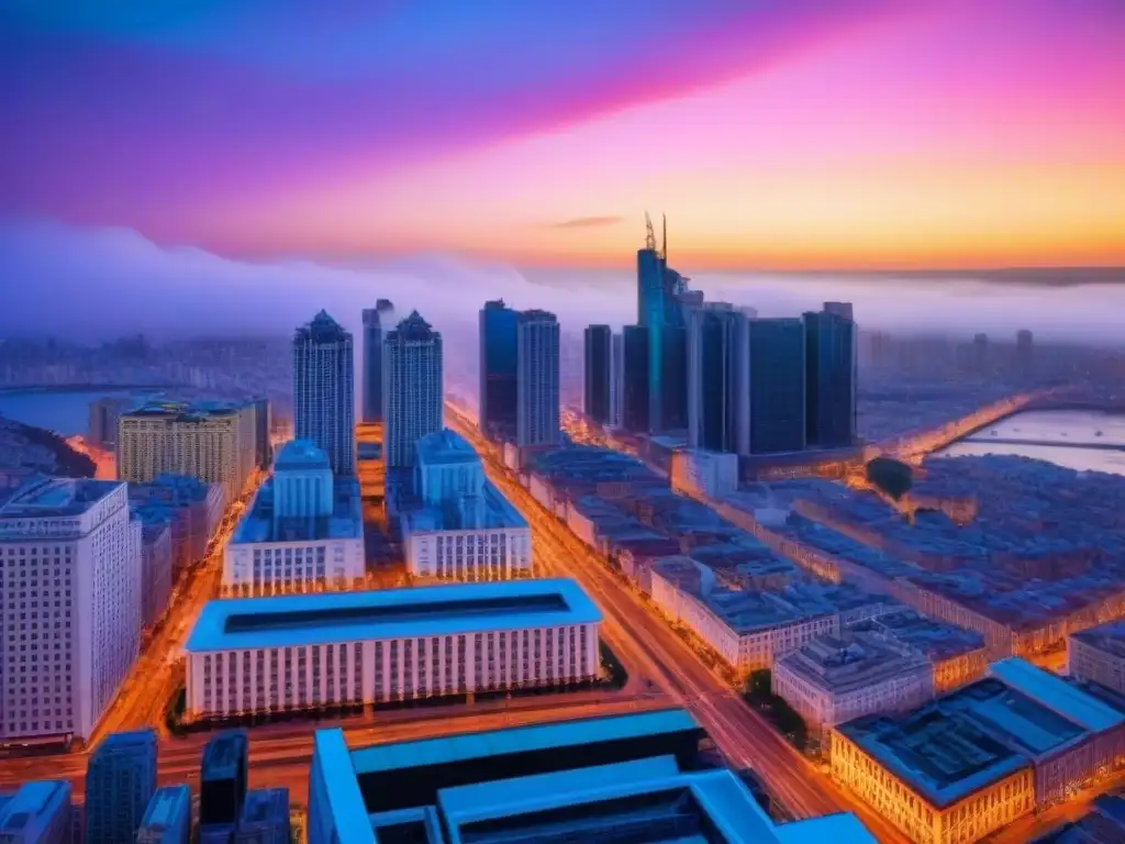 Horizonte urbano vibrante al atardecer: arquitectura futurista y luces vibrantes en contraste con estructuras históricas, calles llenas de vida y un cielo colorido al atardecer Vibrante ciudad al anochecer, con rascacielos iluminados y mezcla de arquitectura futurista e histórica