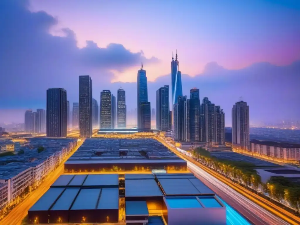 Horizonte urbano vibrante: luces y progreso en marketing inmobiliario local Vibrante ciudad al anochecer con rascacielos iluminados y bulliciosas calles, reflejando estrategias de marketing local para mercado inmobiliario