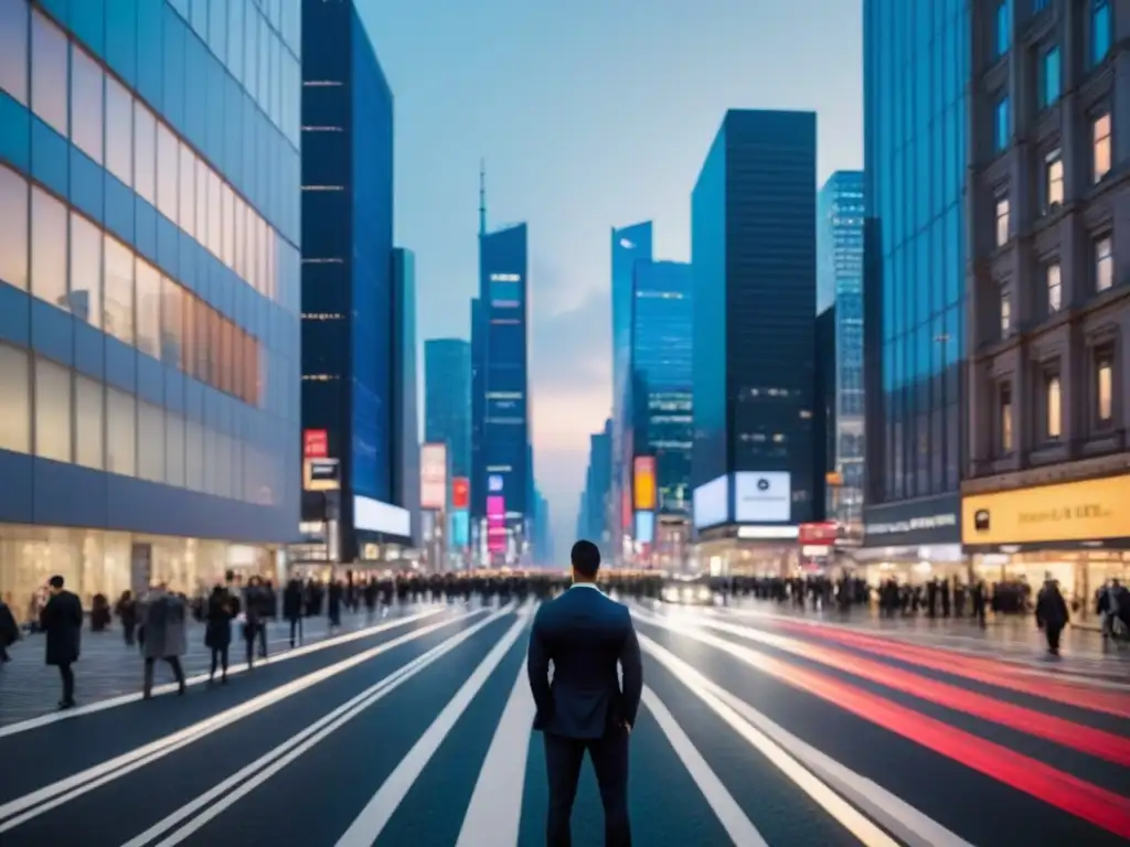 Oportunidades de inversión inmobiliaria en una ciudad vibrante al anochecer Vibrante ciudad al anochecer, con rascacielos iluminados y profesionales en trajes de negocios