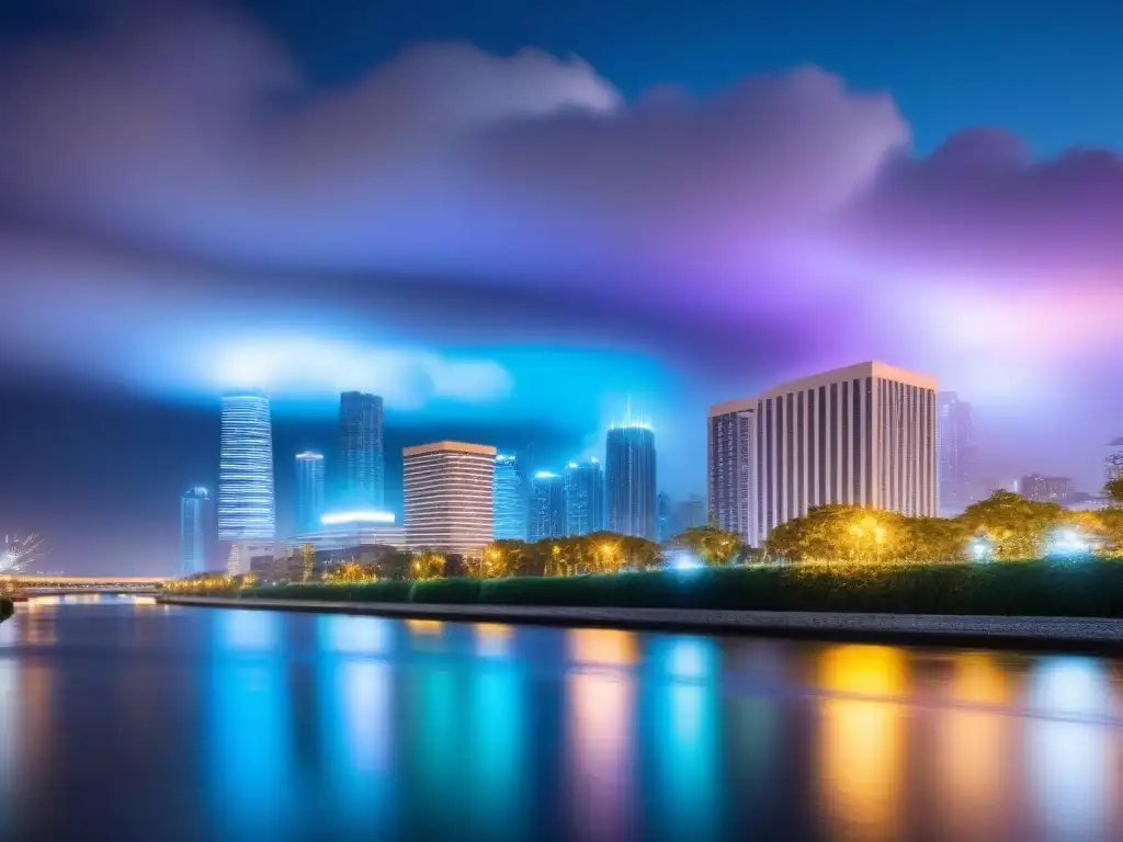 Horizonte urbano vibrante: luces y río Vibrante ciudad al anochecer, rascacielos iluminados reflejándose en un río sereno