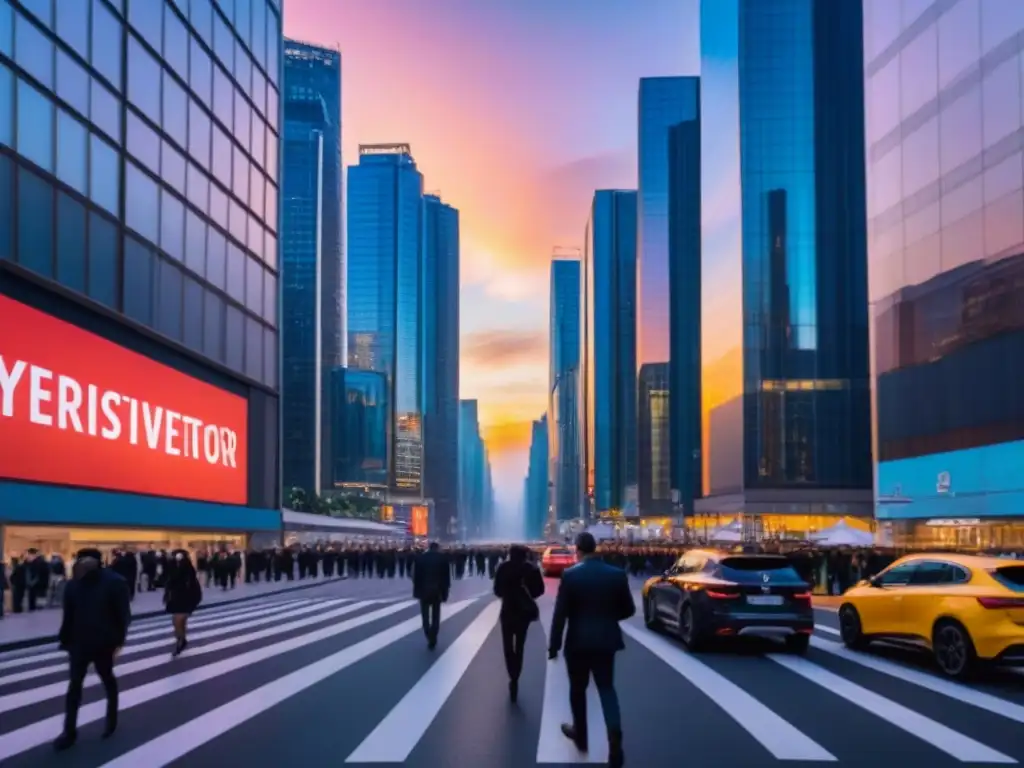 Horizonte urbano futurista al atardecer: inversión global en real estate Vibrante ciudad al anochecer, con rascacielos iluminados y gente en la calle