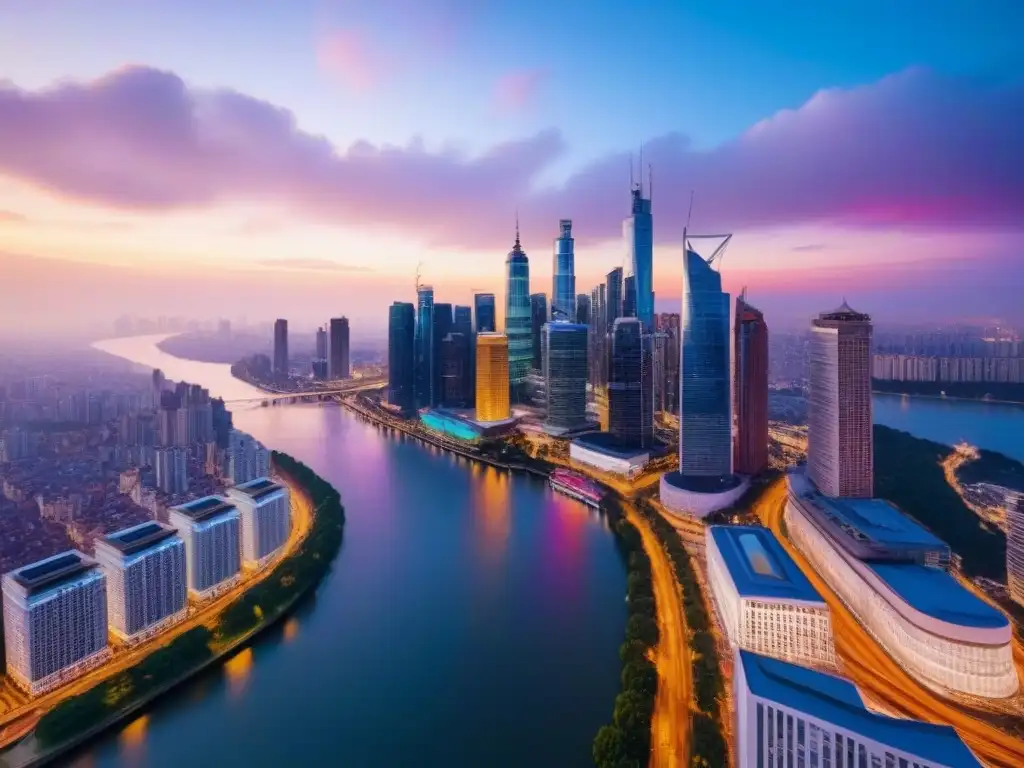 Espléndida vista aérea de metrópolis iluminada al anochecer Vibrante ciudad al anochecer con rascacielos iluminados reflejados en el río, ideal para inversión inmobiliaria internacional para Millennials