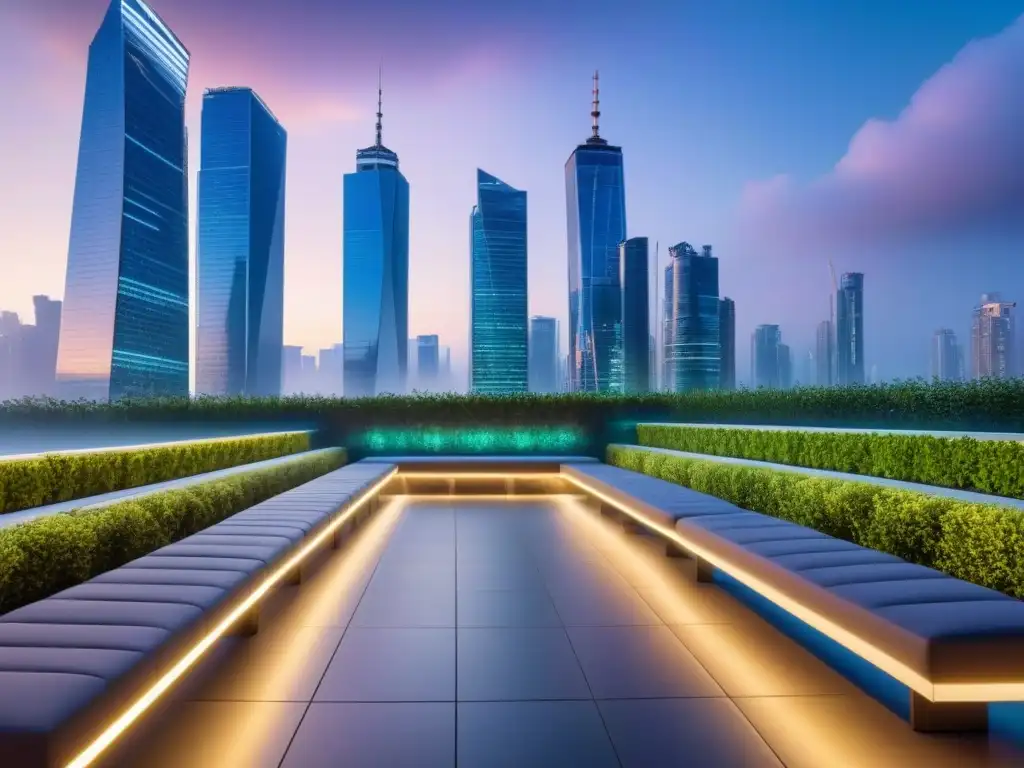 Metrópolis futurista: atardecer en una ciudad vibrante con tecnología LED Vibrante ciudad al anochecer con rascacielos iluminados y parque urbano moderno