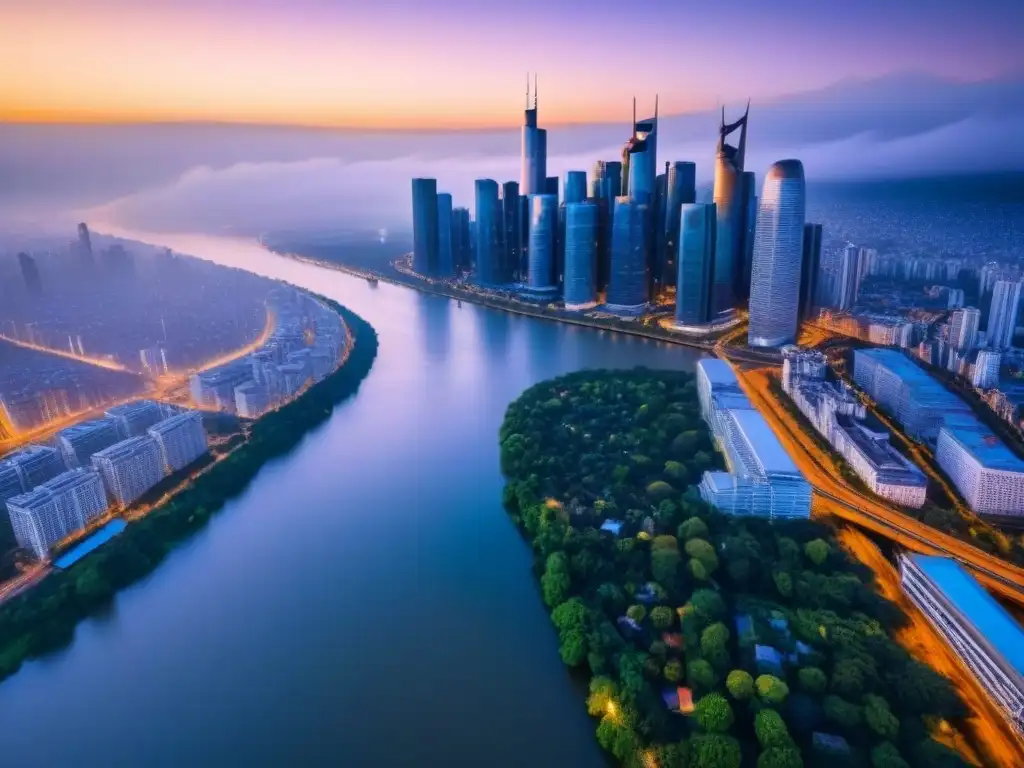 Metrópolis emergente: luces y río en atardecer vibrante Vibrante ciudad al anochecer con rascacielos iluminados y río, ideal para inversiones inmobiliarias en mercados emergentes