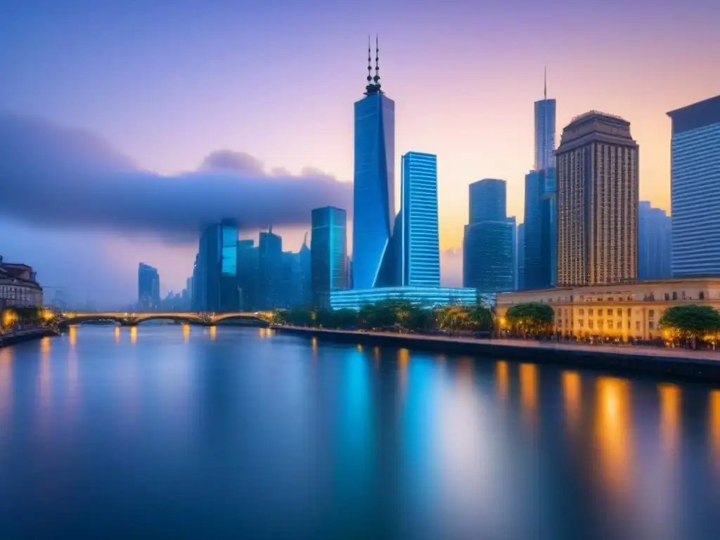 Horizonte urbano vibrante: luces de la ciudad en crecimiento Vibrante ciudad al anochecer con rascacielos iluminados y un río tranquilo