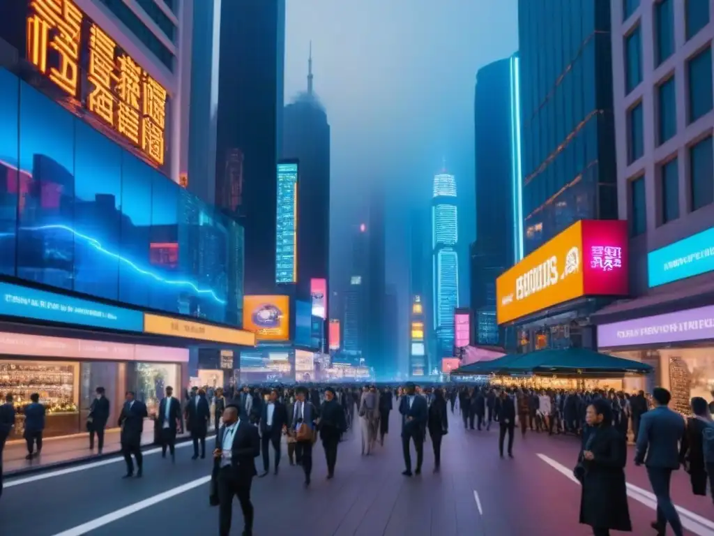 Horizonte urbano moderno al anochecer: luces neón y diversidad cultural Vibrante ciudad al anochecer con rascacielos iluminados y gente en calles comerciales