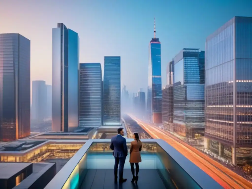 Horizonte urbano moderno iluminado: oportunidades inmobiliarias globales Vibrante ciudad al anochecer con rascacielos iluminados