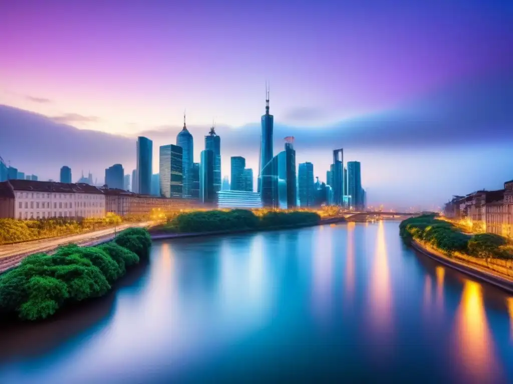 Metrópolis futurista: luces y río reflejan progreso Vibrante ciudad al anochecer, con rascacielos iluminados y un río sereno