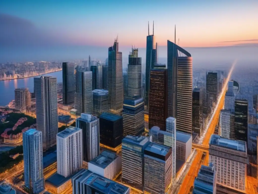 Cityscape urbano al atardecer: energía y crecimiento inmobiliario Vibrante ciudad al anochecer con rascacielos iluminados, autos modernos y energía urbana