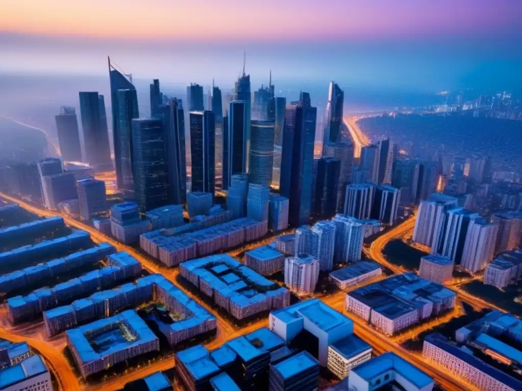 Espléndida vista aérea de la ciudad al anochecer Vibrante ciudad al anochecer, con rascacielos iluminados y autopistas llenas de luces de coches