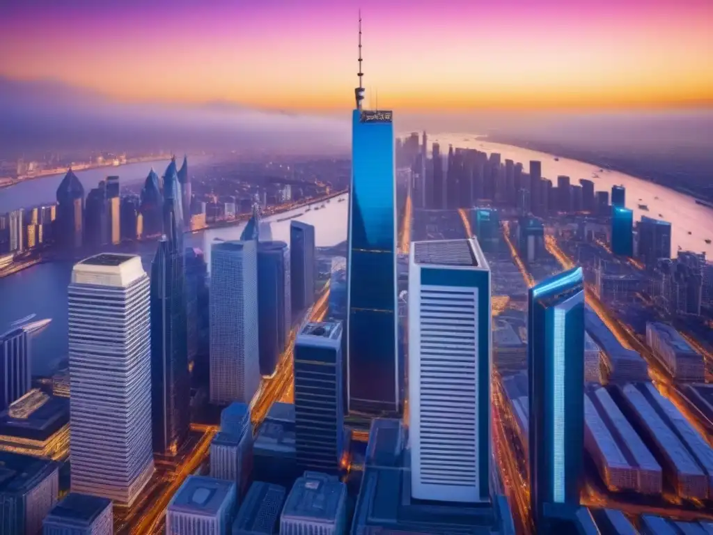 Vibrante ciudad nocturna: luces neón en atardecer urbano Vibrante ciudad al anochecer con rascacielos iluminados y tráfico, reflejando modernidad y energía