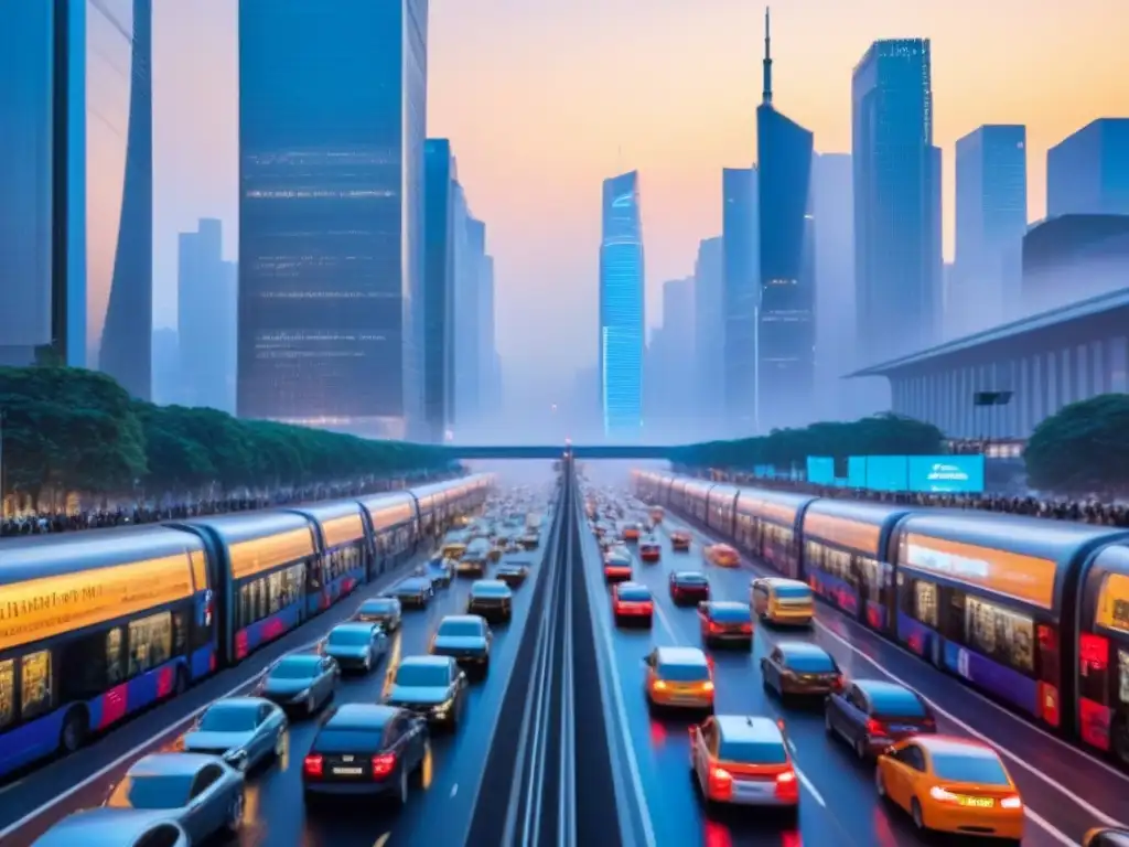 Metrópolis luminosa: migración urbana en skyline futurista Vibrante ciudad al anochecer, con rascacielos iluminados y calles llenas de vida