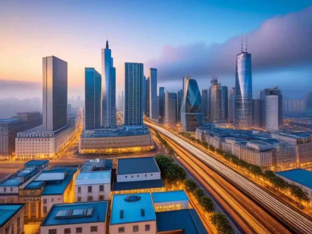 Horizonte urbano al atardecer: migración y valorización en metrópolis Vibrante ciudad al anochecer con rascacielos iluminados y gente transitando