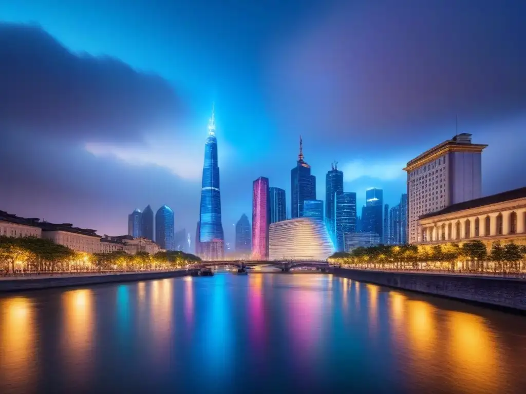 Metrópolis futurista al atardecer: luces LED y arquitectura en evolución Vibrante ciudad al anochecer con rascacielos iluminados y diseño vanguardista, reflejados en un río sereno