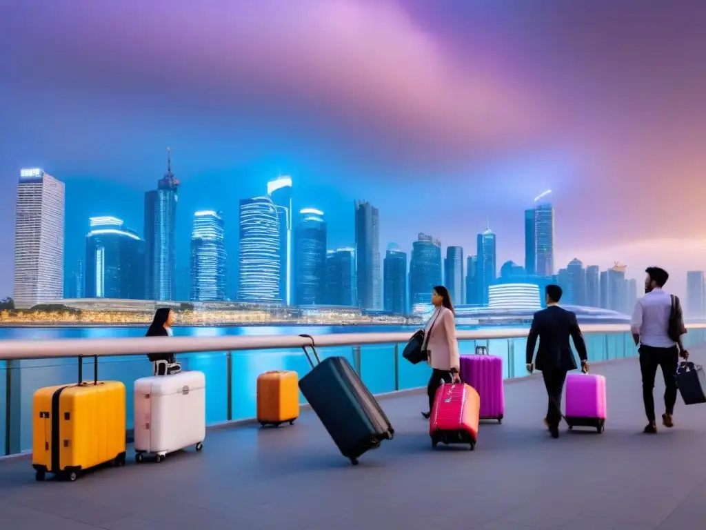 Metrópolis al atardecer: migración interna y mercado inmobiliario Vibrante ciudad al anochecer con rascacielos iluminados y gente moviéndose