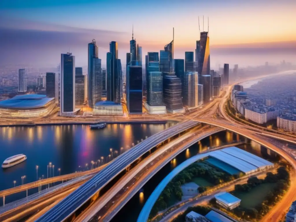 Skyline moderno iluminado al atardecer: migración urbana y oportunidades Vibrante ciudad al anochecer con rascacielos iluminados y redes de transporte, reflejando las inversiones inmobiliarias migración internacional