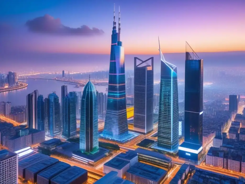 Metrópolis futurista: luces, tecnología y arquitectura innovadora Vibrante ciudad al anochecer con rascacielos iluminados y tecnología futurista, reflejando la integración en ciudades inteligentes mercado inmobiliario