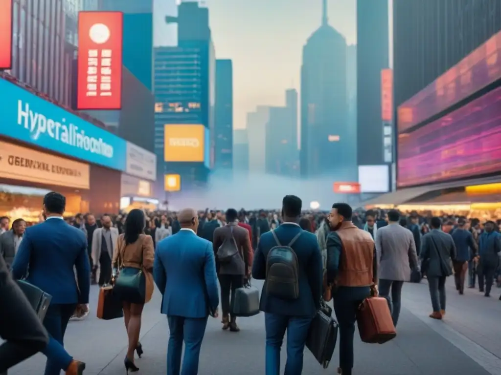 Skyline urbano iluminado: dinamismo y prosperidad económica en la ciudad Vibrante ciudad al anochecer, con rascacielos iluminados y gente diversa en las calles