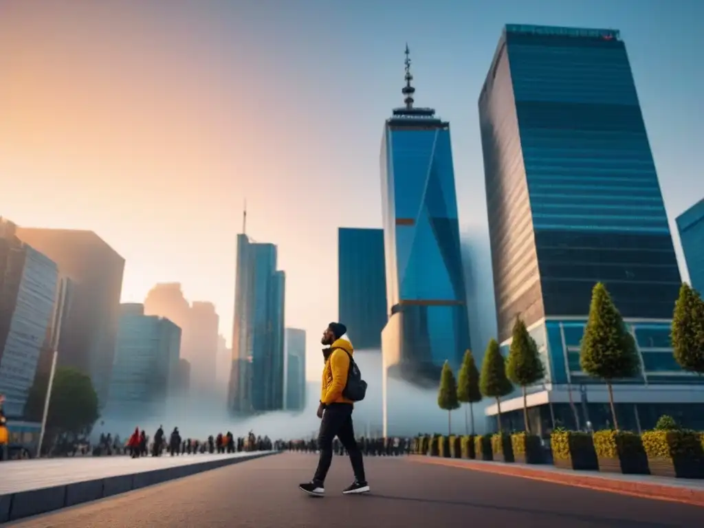 Vibrante ciudad al atardecer: progreso y diversidad urbana Vibrante ciudad al anochecer, con rascacielos iluminados y una bulliciosa calle llena de personas diversas