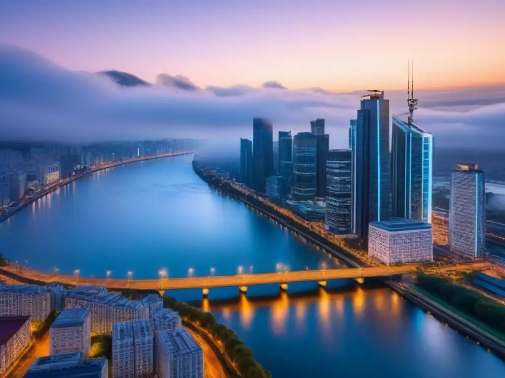 Metrópolis innovadora: luces y río al atardecer Vibrante ciudad al anochecer, con rascacielos iluminados reflejándose en un río tranquilo