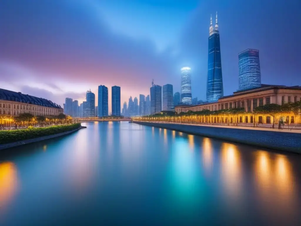 Horizonte urbano brillante en crecimiento junto al río Vibrante ciudad al anochecer, con rascacielos iluminados y un río sereno