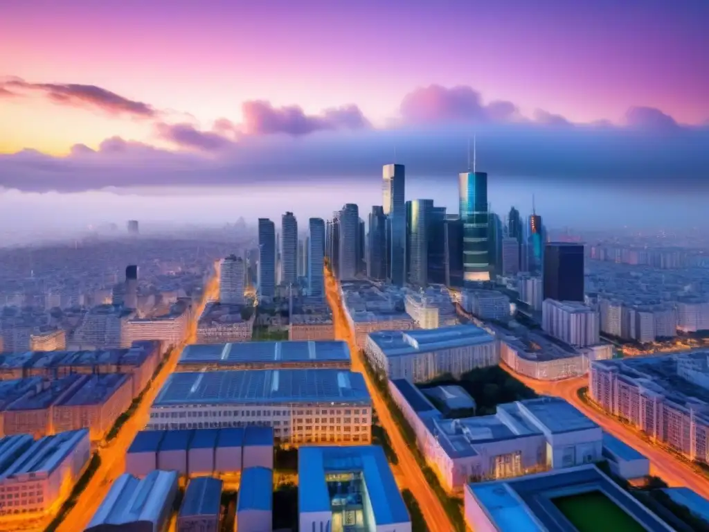 Skyline urbano en crecimiento al anochecer Vibrante ciudad al anochecer, con rascacielos iluminados reflejando crecimiento y oportunidad en el mercado inmobiliario de ciudades emergentes