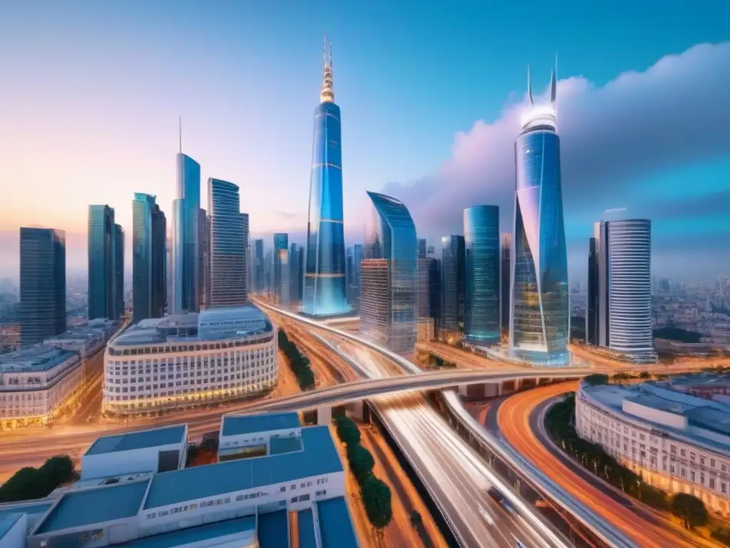 Horizonte urbano moderno en 8k: luces vibrantes y arquitectura innovadora Vibrante ciudad al anochecer con rascacielos iluminados y diseño innovador, reflejando las tendencias del mercado inmobiliario internacional