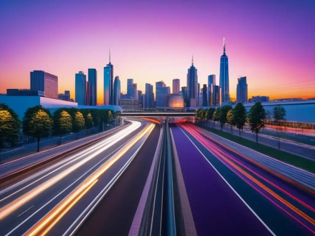 Modernidad urbana: ciudad vibrante al atardecer Vibrante ciudad al anochecer, con rascacielos iluminados frente a un río, reflejando la inversión urbanística internacional