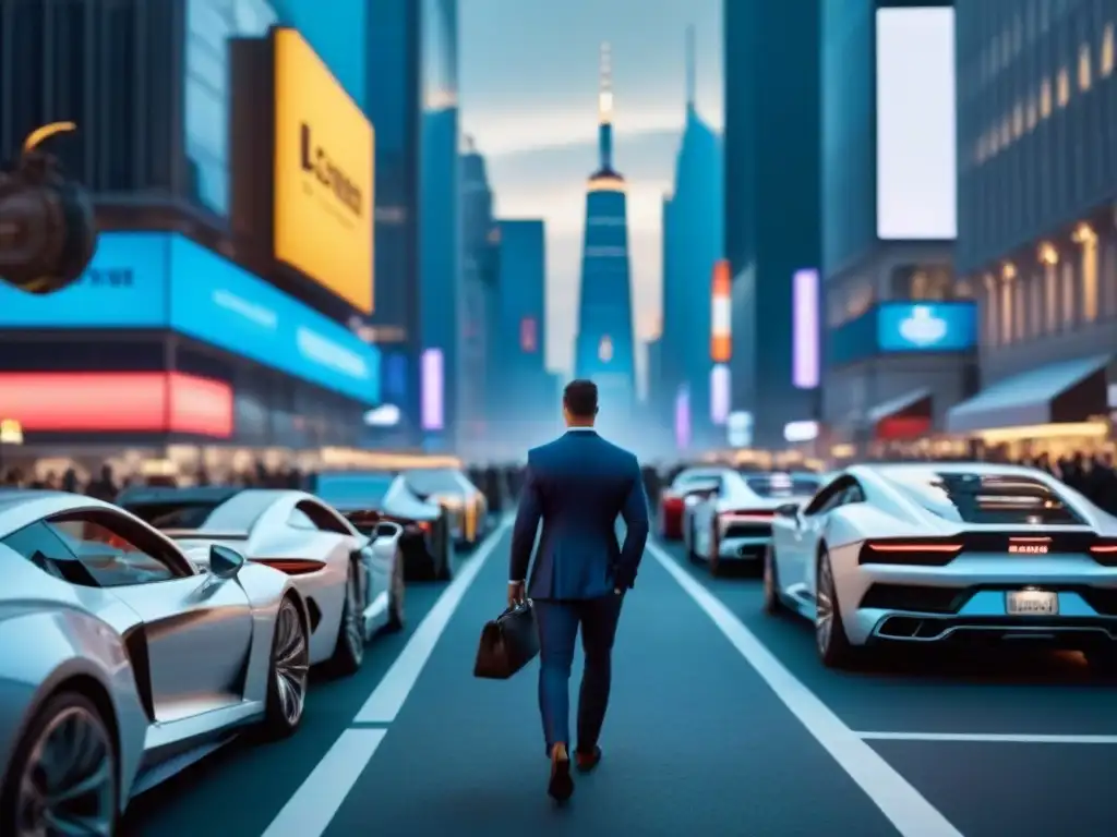 Cityscape futurista: luces vibrantes y oportunidades Vibrante ciudad al anochecer con rascacielos iluminados y gente elegante, reflejando oportunidades inmobiliarias internacionales postcrisis