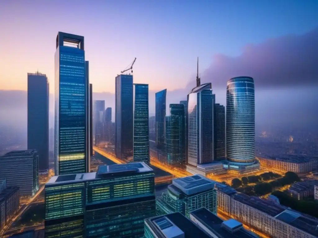 Metrópolis nocturna con rascacielos iluminados: impacto postBrexit Vibrante ciudad al anochecer, rascacielos iluminados reflejan el cielo crepuscular, simbolizando el impacto Brexit inversión inmobiliaria global